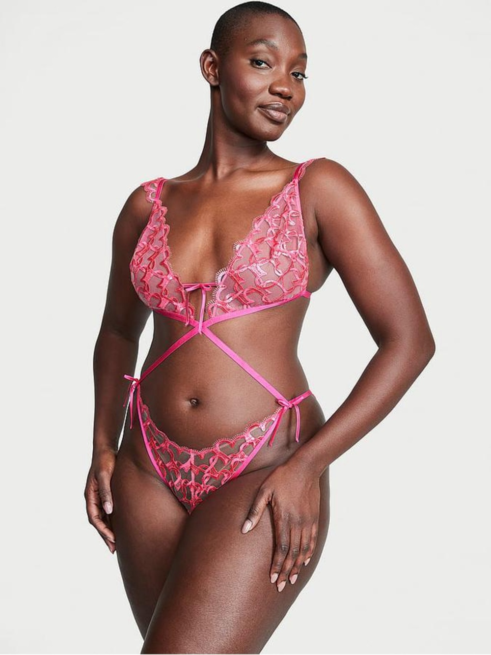 Victoria's Secret Unlined Shimmer Heart Embroidery Crotchless Teddy
